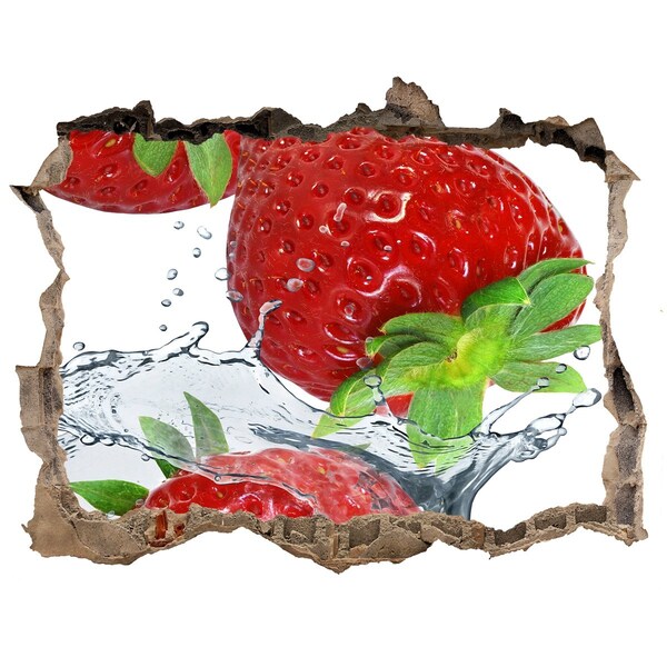 3D wall hole wallpaper Juicy strawberries in a water explosion