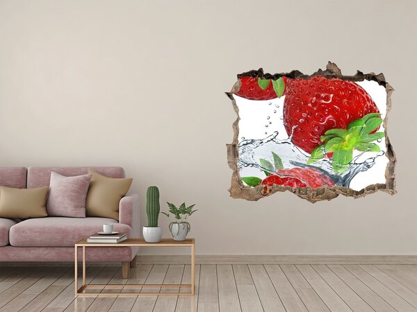 3D wall hole wallpaper Juicy strawberries in a water explosion