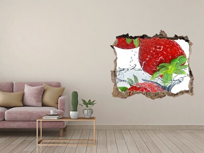 3D wall hole wallpaper Juicy strawberries in a water explosion