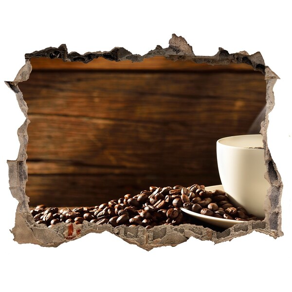 Hole wall sticker Coffee and beans on a wooden background