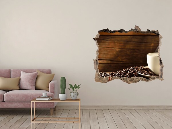 Hole wall sticker Coffee and beans on a wooden background
