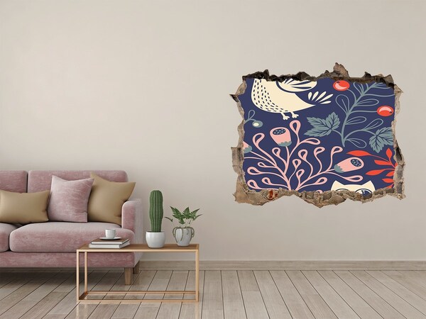 Hole in the wall sticker Floral pattern with owls