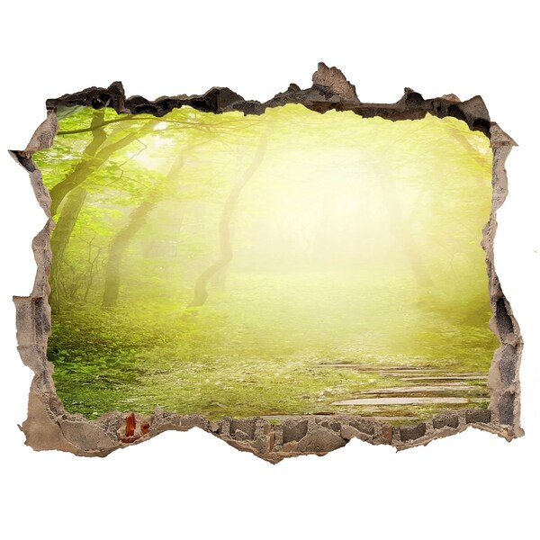 3D wall hole wallpaper Green forest in the sun's rays