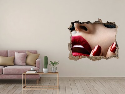 Hole in the wall decal Sensual woman with red lips