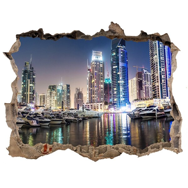 3D wall hole wallpaper A modern city by the water