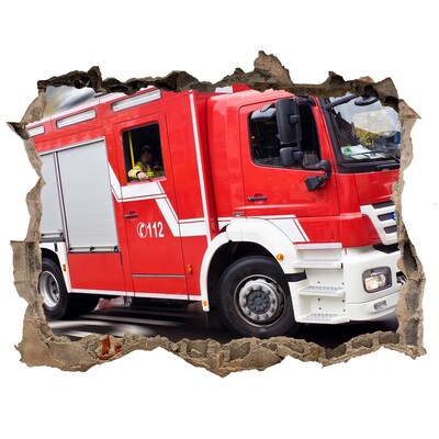 Hole wall sticker Fire truck in action