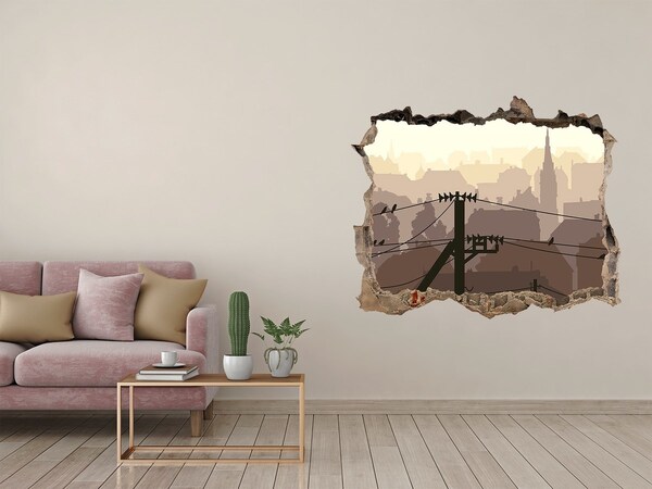 3D wall hole View of the city through a hole in the wall