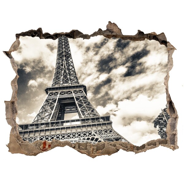3D wall hole The Eiffel Tower in the clouds