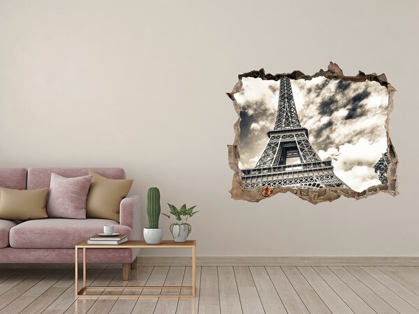 3D wall hole The Eiffel Tower in the clouds