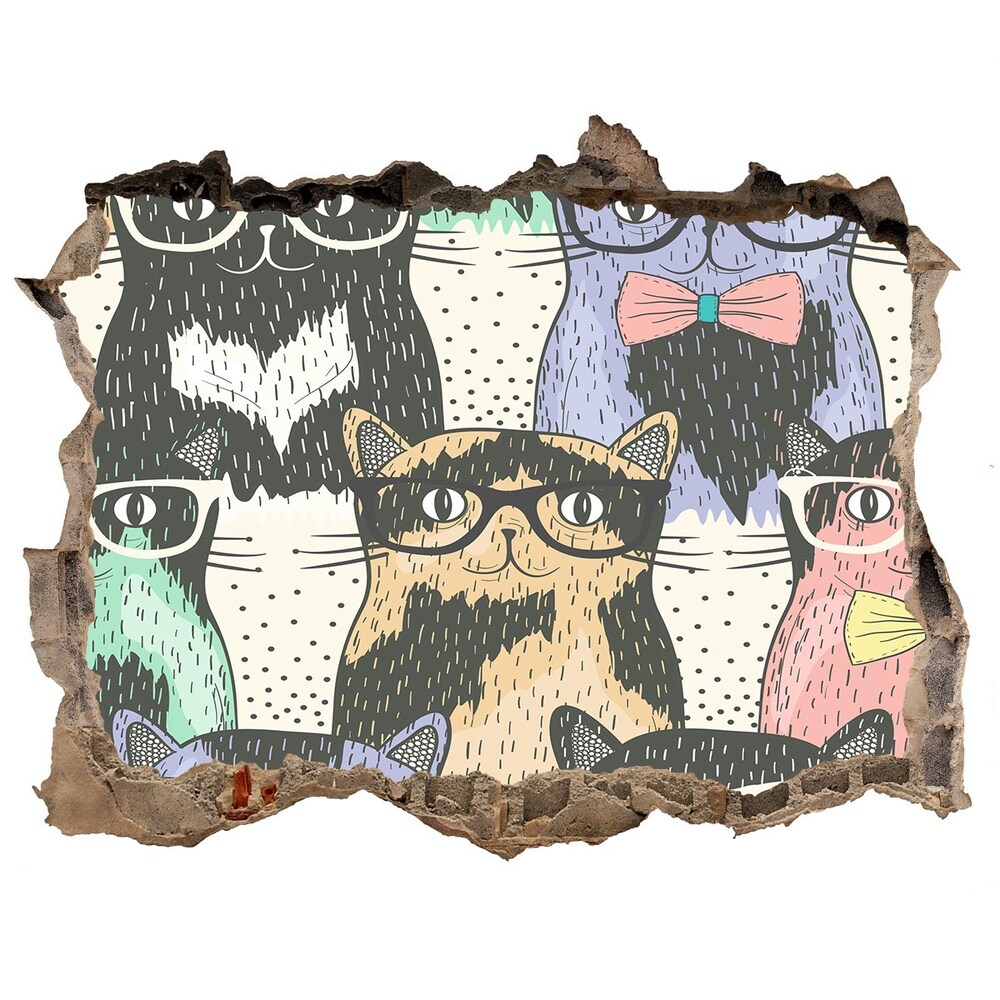 3D wall hole wallpaper Cats with glasses