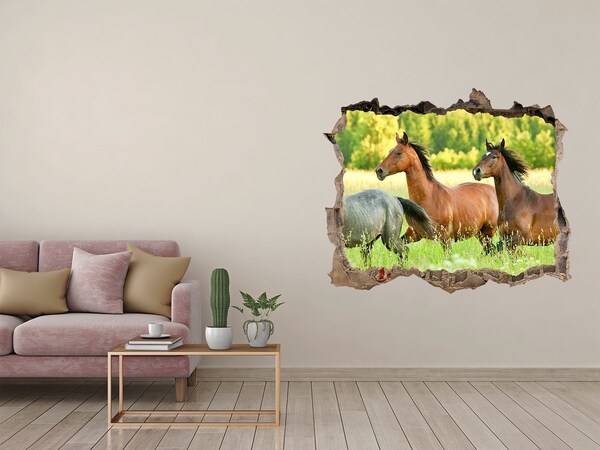 3D wall hole wallpaper Running horses in nature