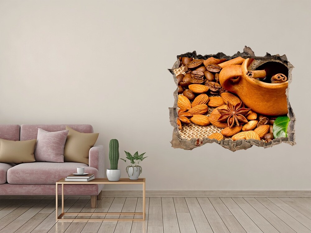 3D wall hole wallpaper Coffee beans and mug