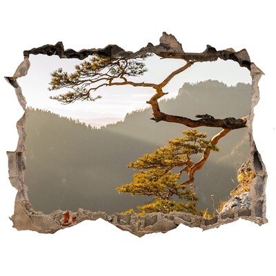 3D wall hole Mountain landscape with a tree