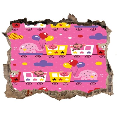 3D wall hole wallpaper Colorful train with balloons