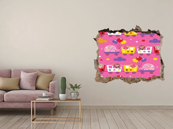 3D wall hole wallpaper Colorful train with balloons