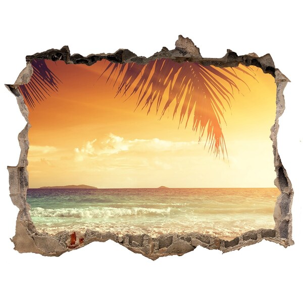 3D wall hole wallpaper Tropical beach at sunset