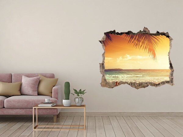 3D wall hole wallpaper Tropical beach at sunset