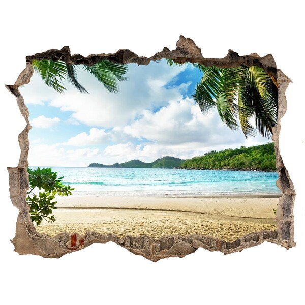 3D wall hole wallpaper Tropical beach with palm trees