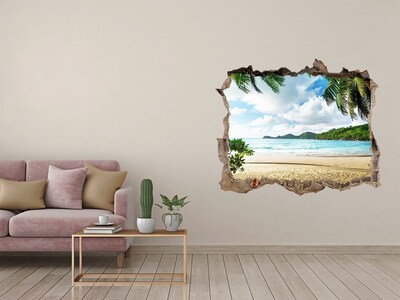 3D wall hole wallpaper Tropical beach with palm trees