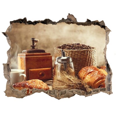 3D wall hole Morning coffee and fresh bread