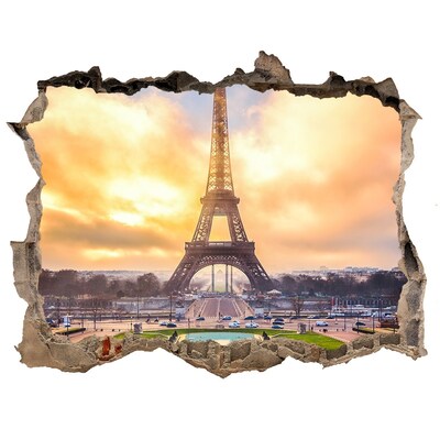 3D wall hole The Eiffel Tower at sunrise