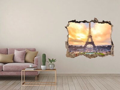3D wall hole The Eiffel Tower at sunrise