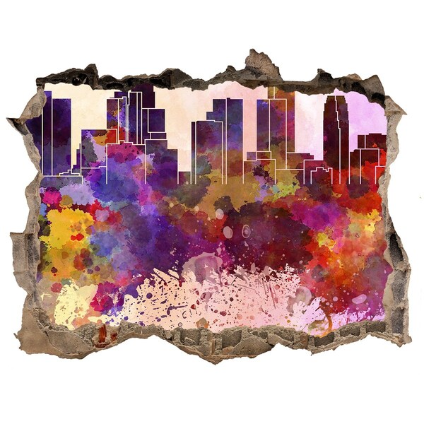3D wall hole wallpaper A cityscape in rainbow colors