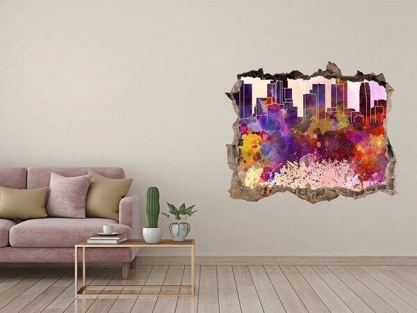 3D wall hole wallpaper A cityscape in rainbow colors
