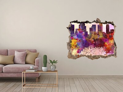 3D wall hole wallpaper A cityscape in rainbow colors