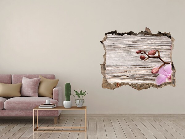 Hole in the wall decal Orchid flowers on a wooden background