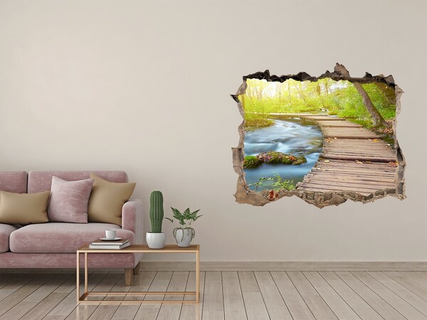 3D wall hole wallpaper Forest path by the river