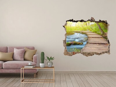 3D wall hole wallpaper Forest path by the river
