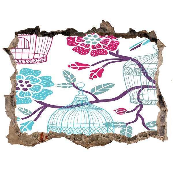Hole in the wall decal Floral motif with bird cages