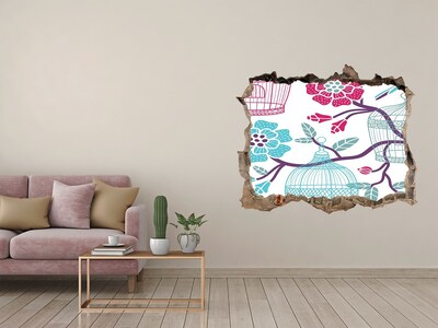 Hole in the wall decal Floral motif with bird cages