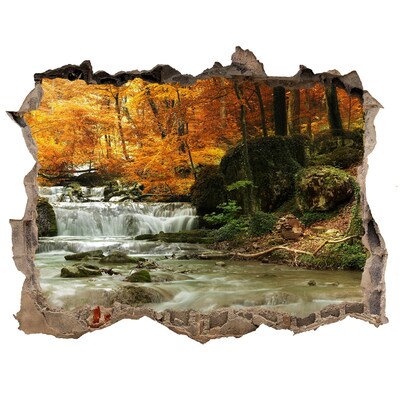 3D wall hole wallpaper Autumn waterfall in the forest