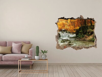 3D wall hole wallpaper Autumn waterfall in the forest