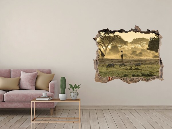 Hole wall sticker African savanna with giraffes and zebras
