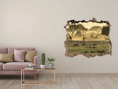 Hole wall sticker African savanna with giraffes and zebras