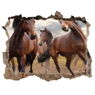 3D wall hole A herd of horses in the meadow
