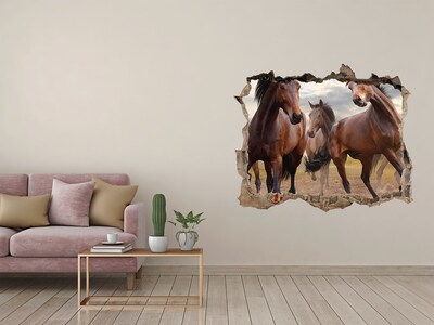 3D wall hole A herd of horses in the meadow