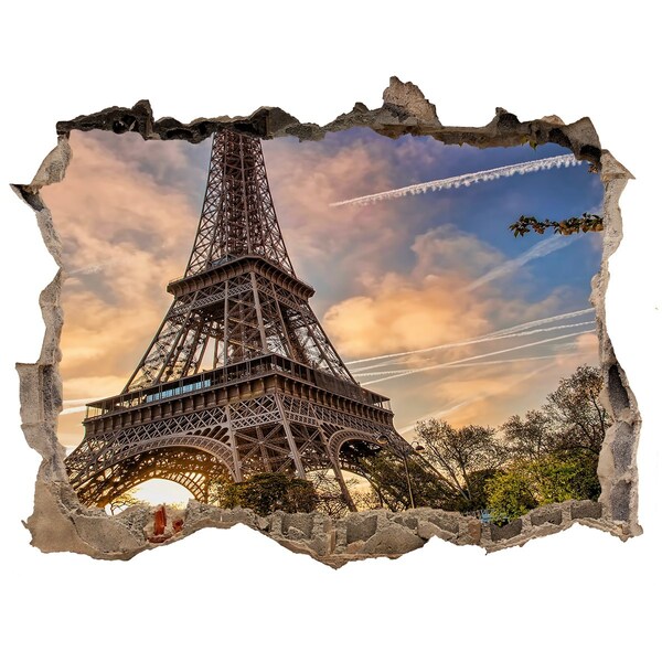 3D wall hole wallpaper Eiffel Tower in the setting sun