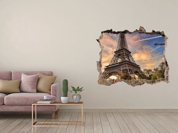 3D wall hole wallpaper Eiffel Tower in the setting sun