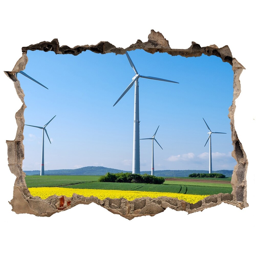 3D wall hole wallpaper Windmills in the field