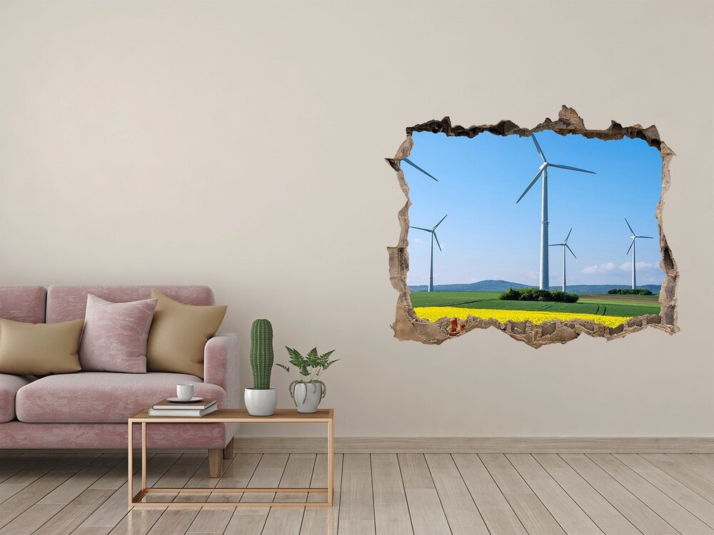 3D wall hole wallpaper Windmills in the field