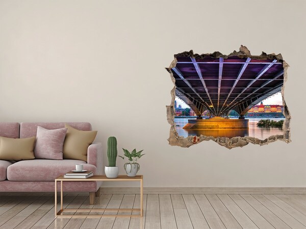 3D wall hole wallpaper Bridge over the river