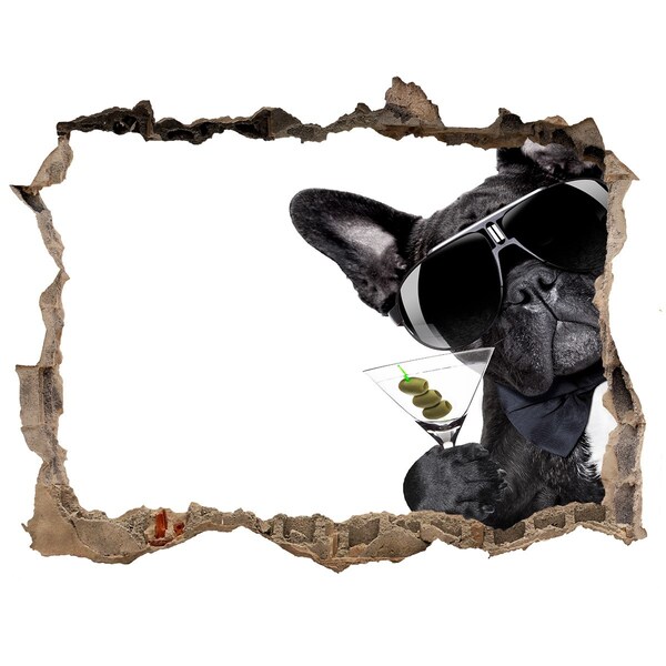 3D wall hole Stylish dog with a drink