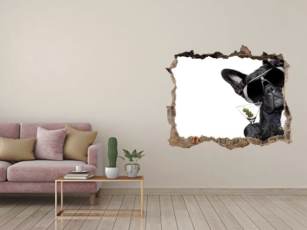 3D wall hole Stylish dog with a drink