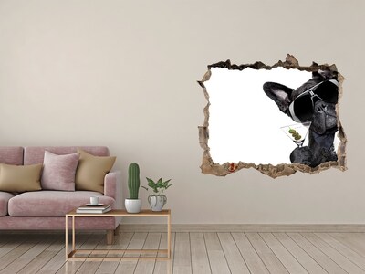 3D wall hole Stylish dog with a drink