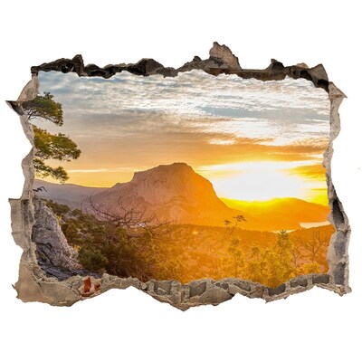3D wall hole wallpaper Sunset in the mountains