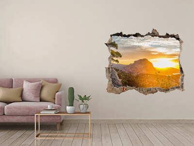 3D wall hole wallpaper Sunset in the mountains